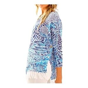 Lilly Pulitzer Blue Tang Gang Ramona Fringe Sweater Size Small